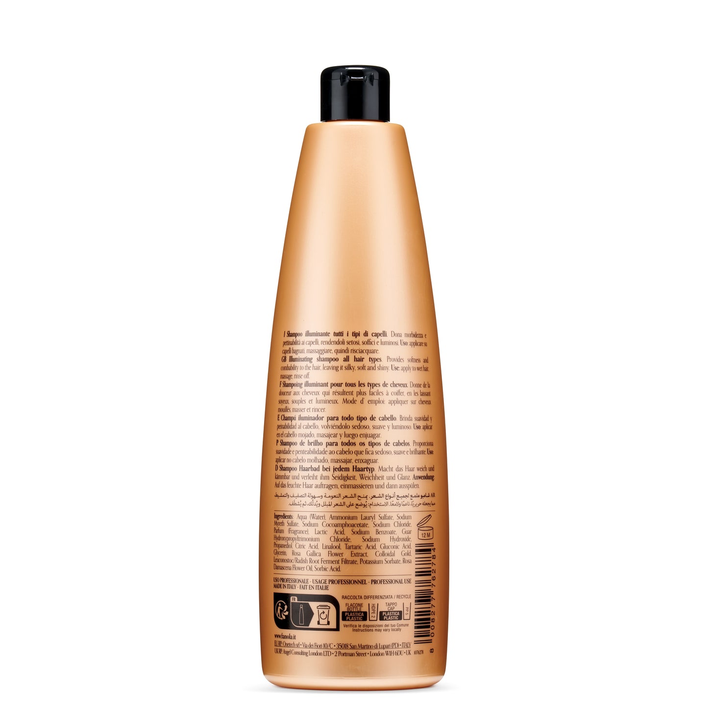 Illuminating shampoo for all hair types, golden bottle with multilingual label, made in Italy