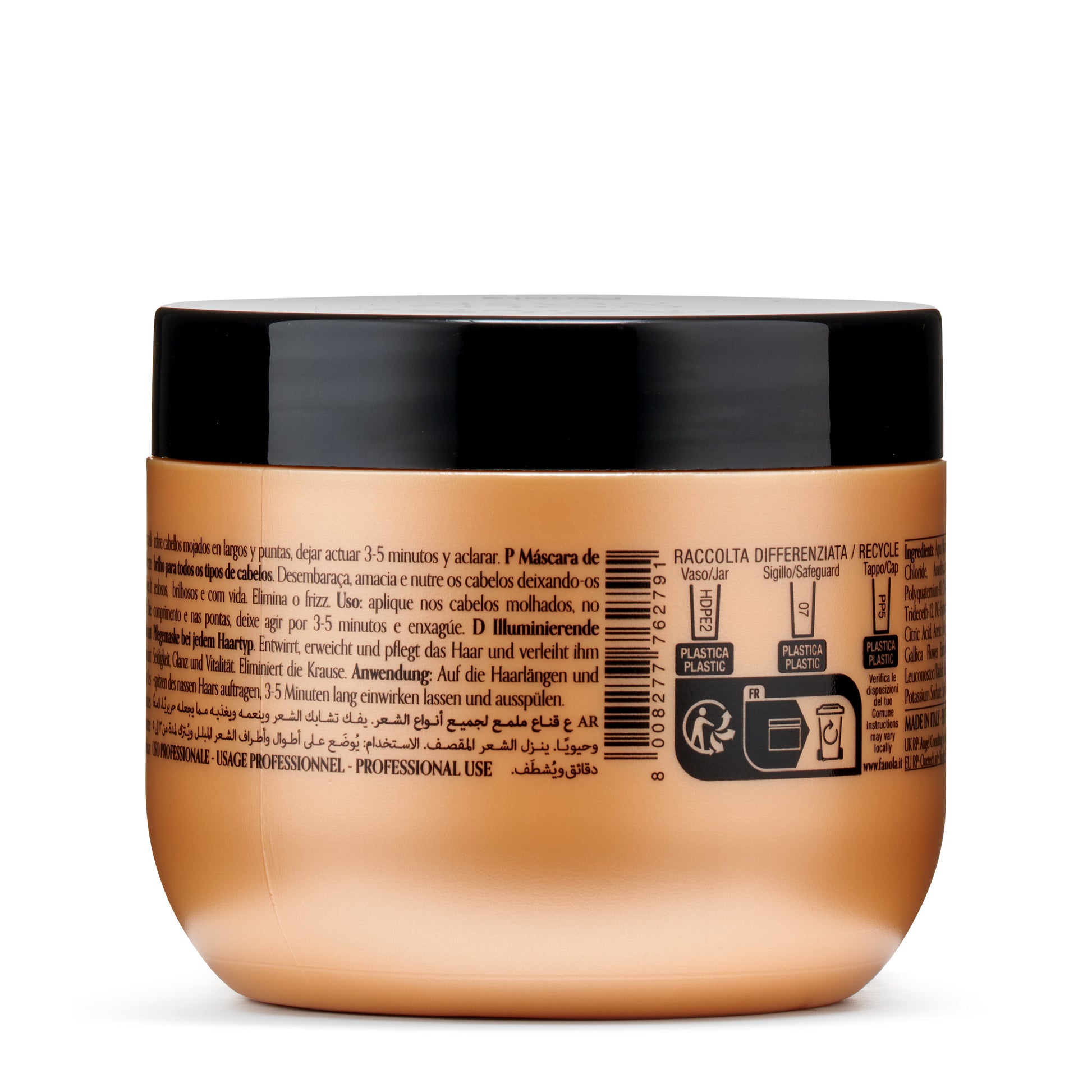 Professional hair mask jar with multilingual instructions, made in Italy, for all hair types