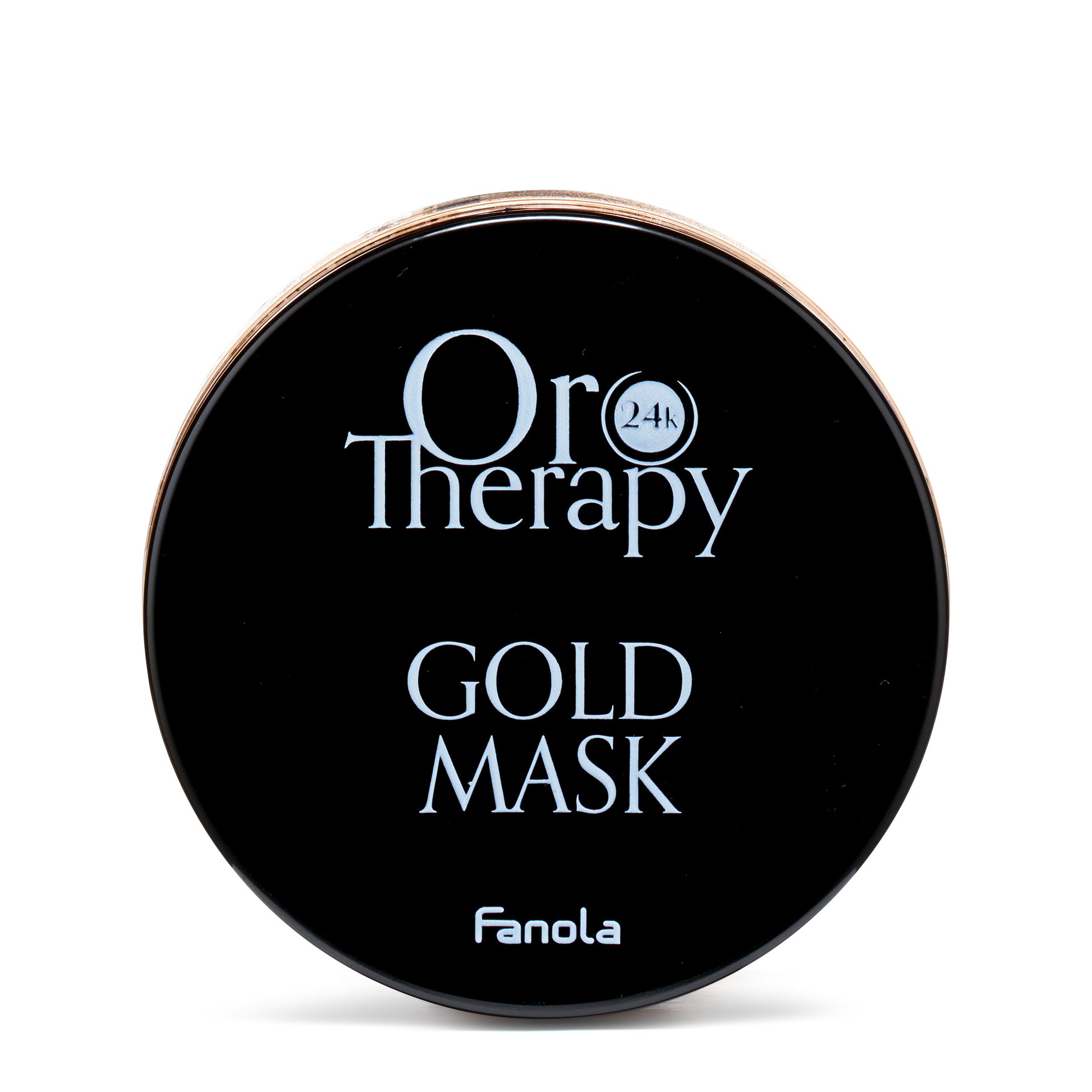 Fanola Oro Therapy 24K Gold Mask in sleek black jar with gold rim, luxury skincare treatment