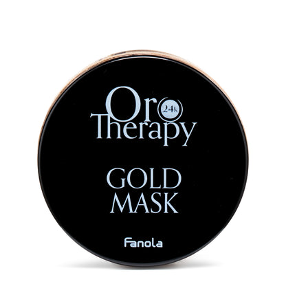 Fanola Oro Therapy 24K Gold Mask in sleek black jar with gold rim, luxury skincare treatment