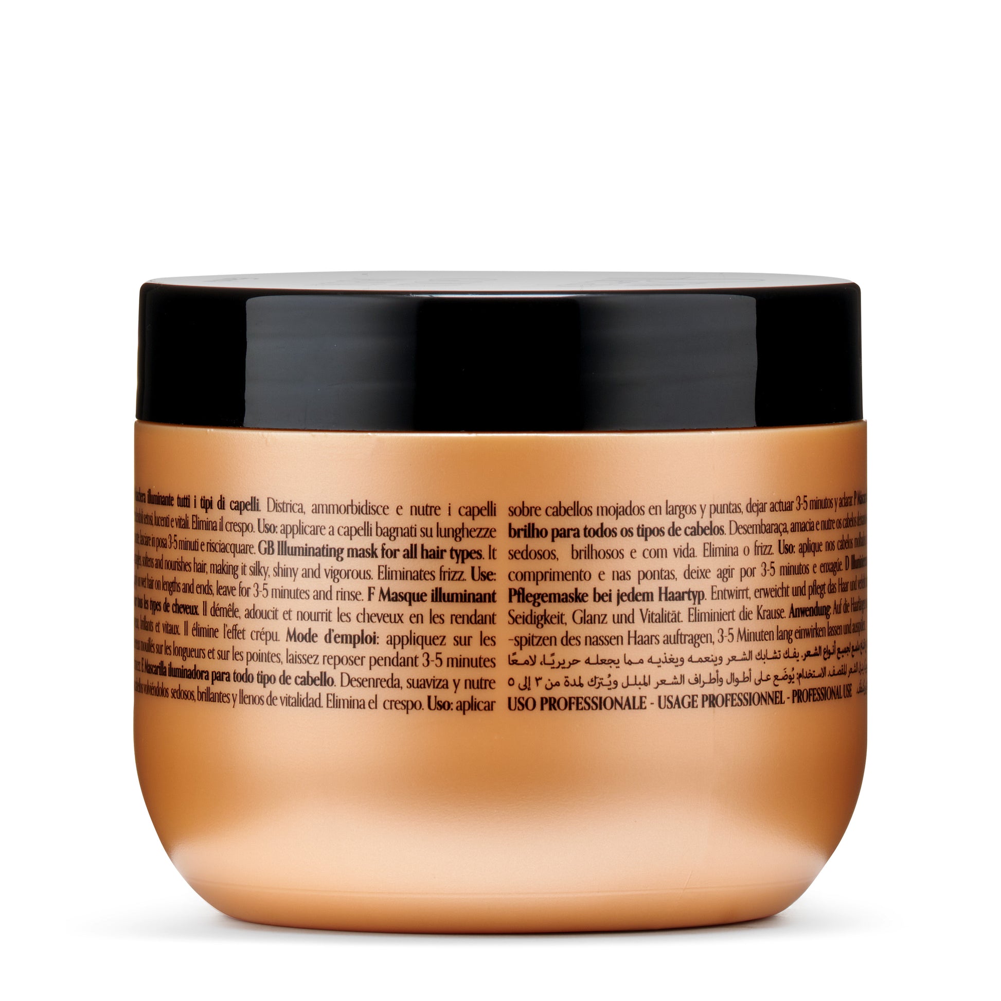 Illuminating hair mask for all hair types, softens and eliminates frizz, professional use