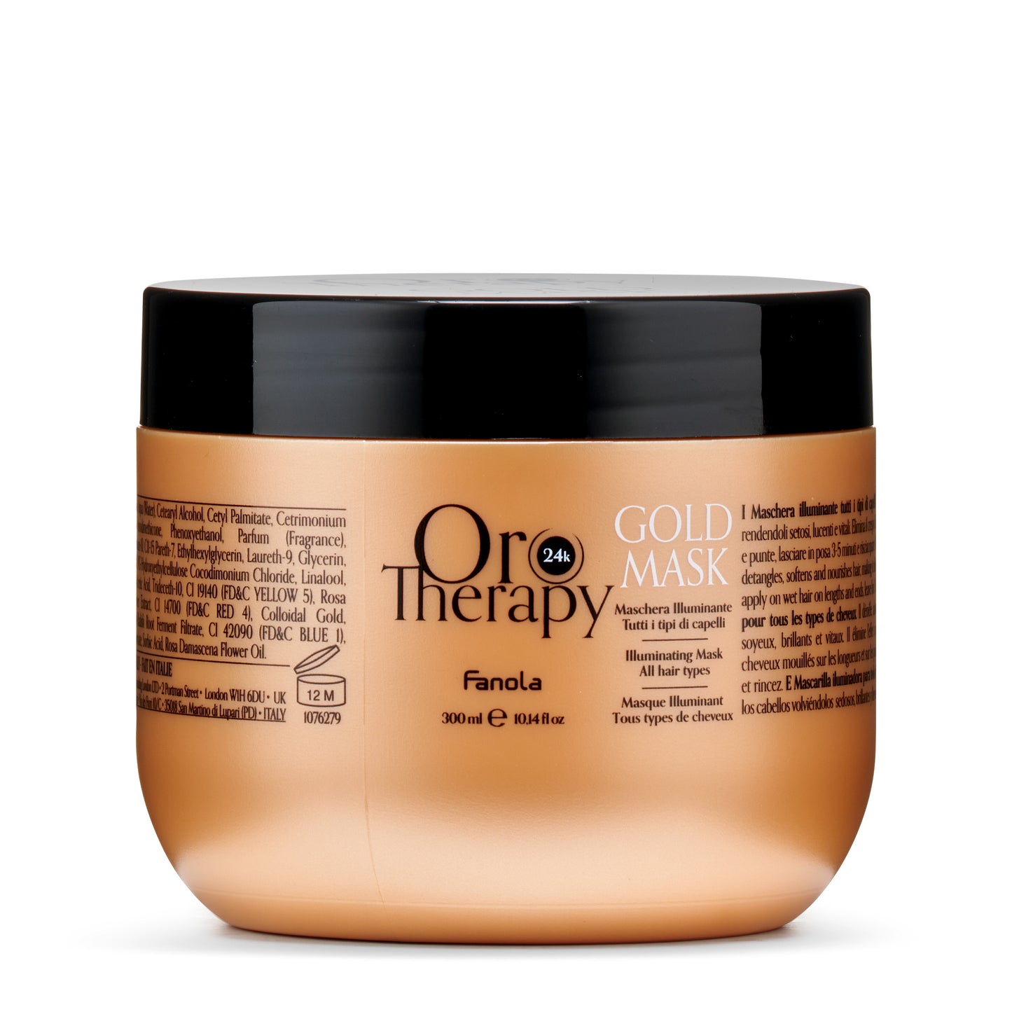 Fanola Oro Therapy 24k Gold Mask for all hair types, illuminating hair treatment in 300ml jar