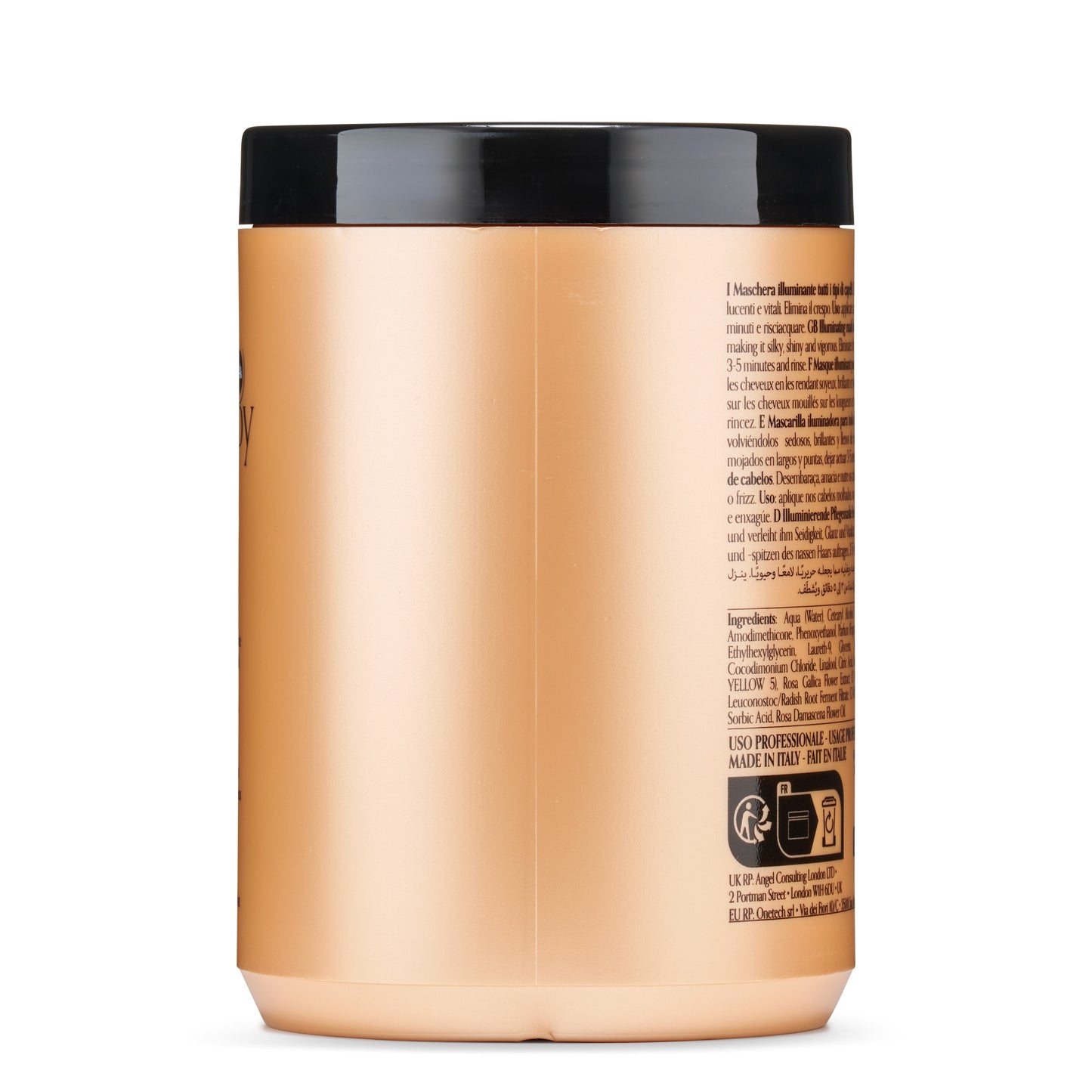 Illuminating hair mask for all hair types, made in Italy, with multilingual instructions and ingredients list