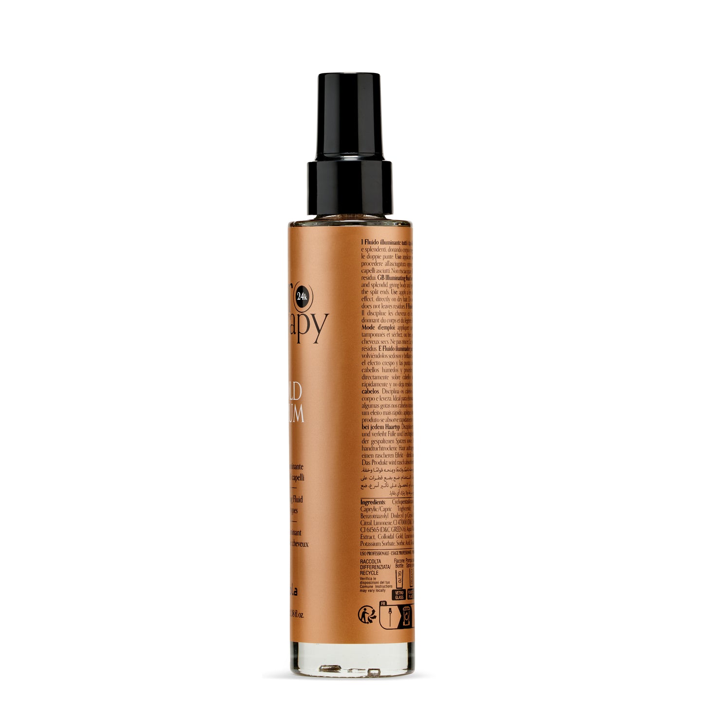 24k Gold Hair Serum in sleek amber bottle with black spray nozzle, illuminating fluid for all hair types