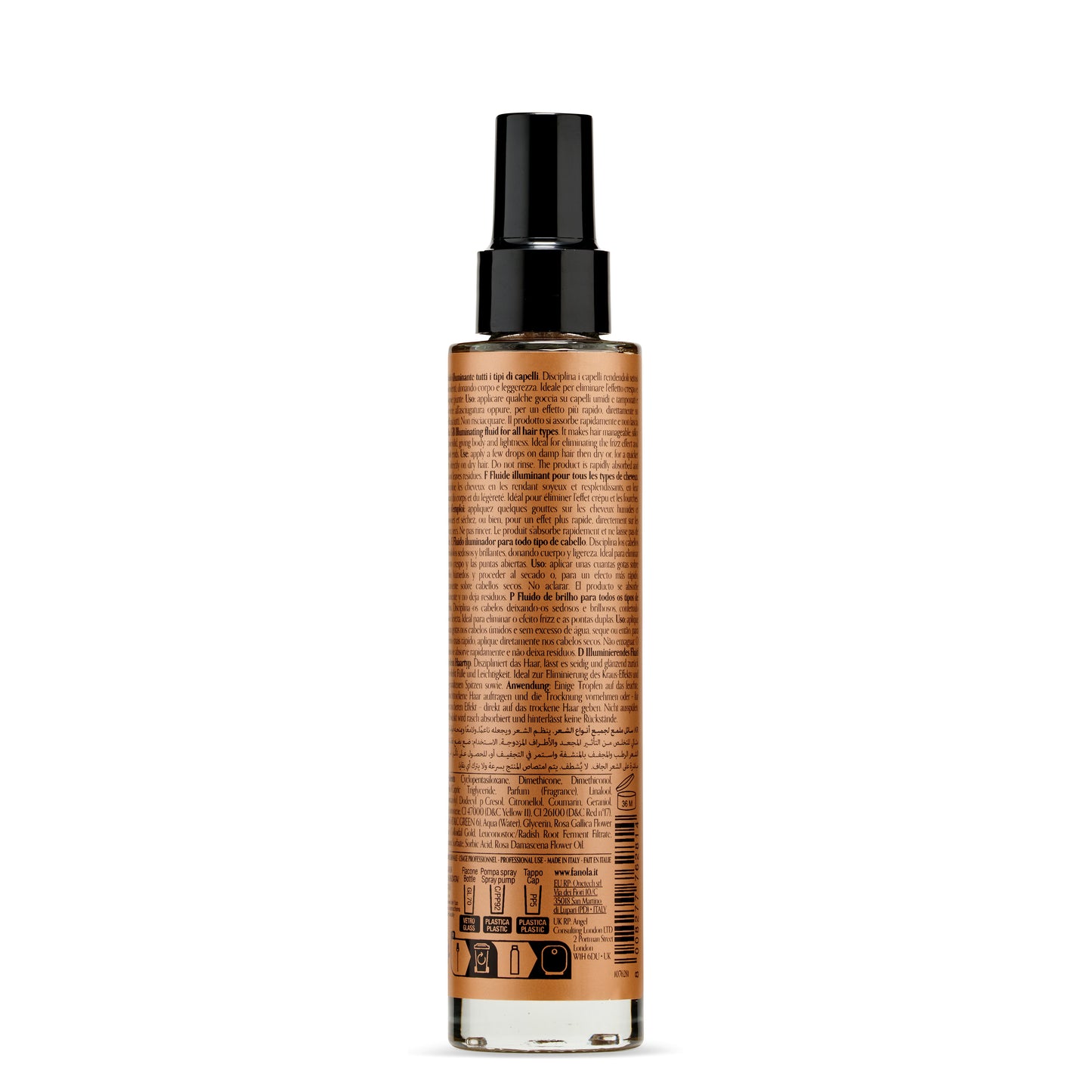Illuminating hair fluid for all hair types, sleek glass bottle with black spray cap, made in Italy