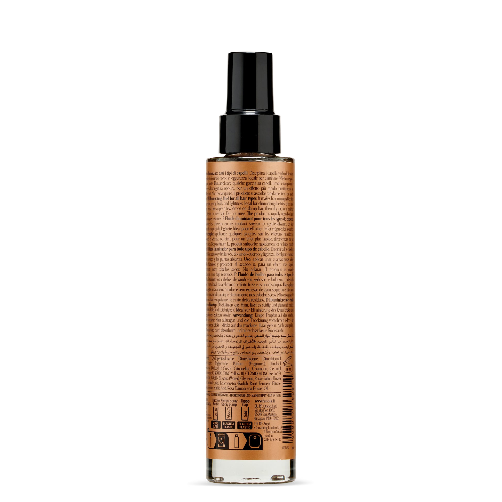 Illuminating hair fluid for all hair types, sleek glass bottle with black spray cap, made in Italy