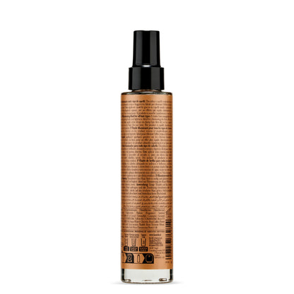 Illuminating hair fluid for all hair types, sleek glass bottle with black spray cap, made in Italy
