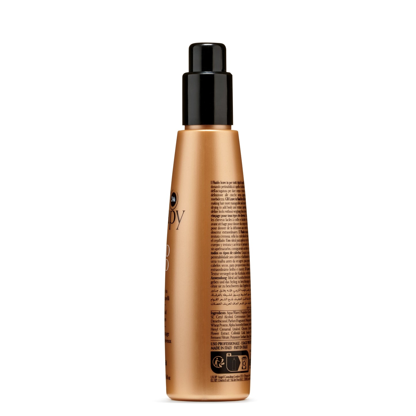 Gold bottle of 24k leave-in hair fluid for all hair types, made in Italy, with black pump dispenser