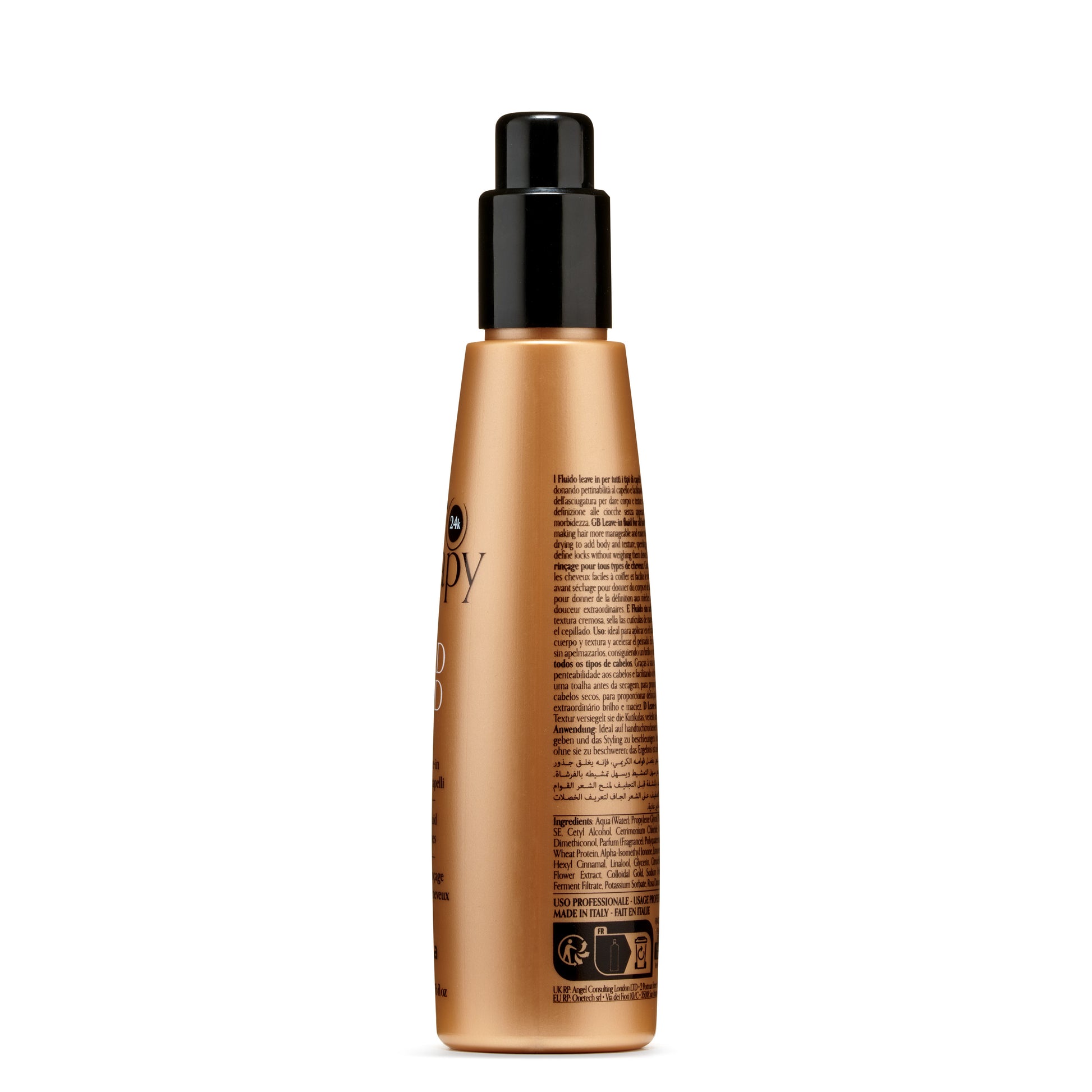 Gold bottle of 24k leave-in hair fluid for all hair types, made in Italy, with black pump dispenser