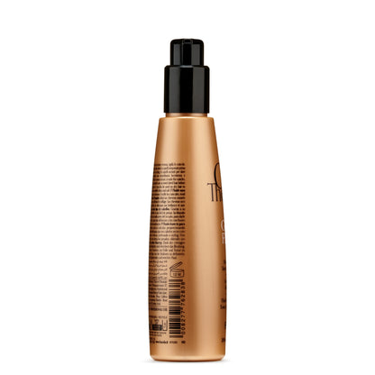 Gold bottle of leave-in hair treatment with black pump, for shiny soft hair care