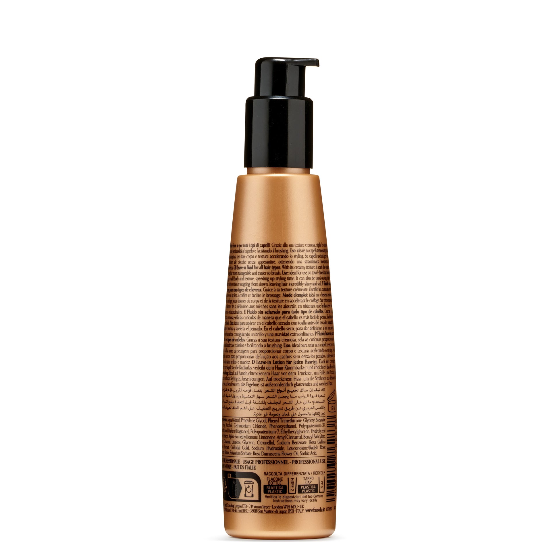 Gold bottle of leave-in hair fluid with black pump, for all hair types, professional use, made in Italy