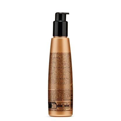 Gold bottle of leave-in hair fluid with black pump, for all hair types, professional use, made in Italy