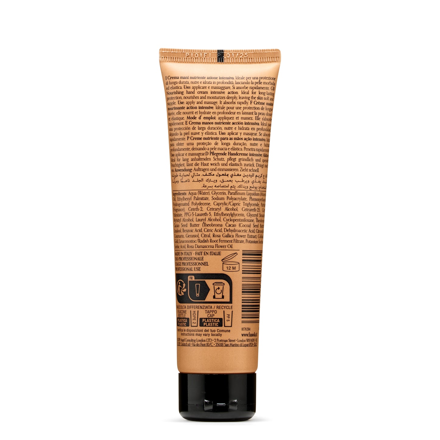 Nourishing hand cream tube with multilingual label, made in Italy, for deep hydration and soft skin care