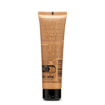 Nourishing hand cream tube with multilingual label, made in Italy, for deep hydration and soft skin care