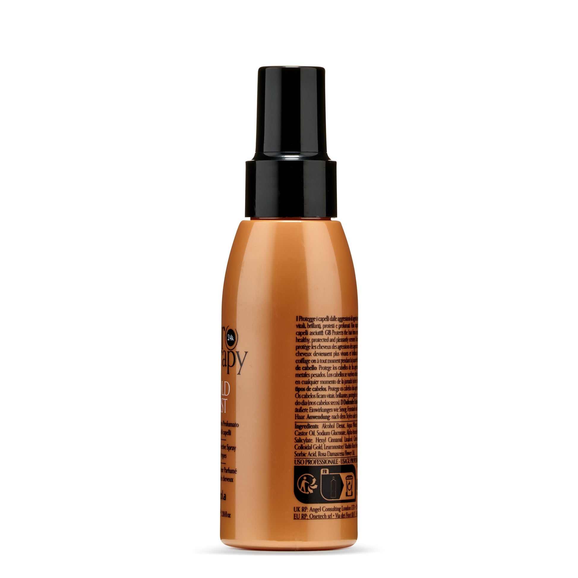Gold hair spray bottle with black pump, protects and perfumes hair, 24k formula for all hair types