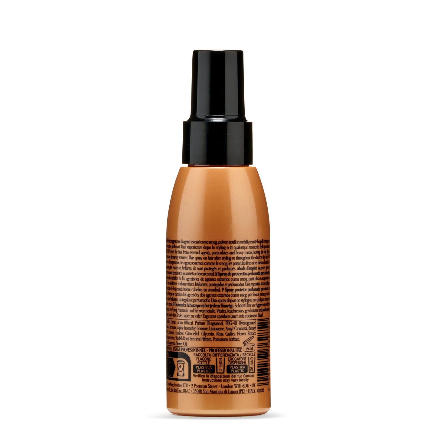 Hair protection spray bottle with black pump, multi-language label for styling and pollution defense