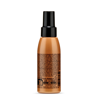 Hair protection spray bottle with black pump, multi-language label for styling and pollution defense