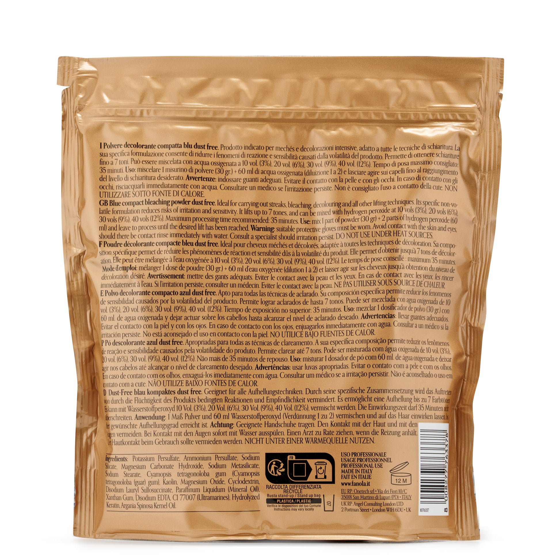 Dust-free blue compact bleaching powder for hair lightening, professional use, made in Italy