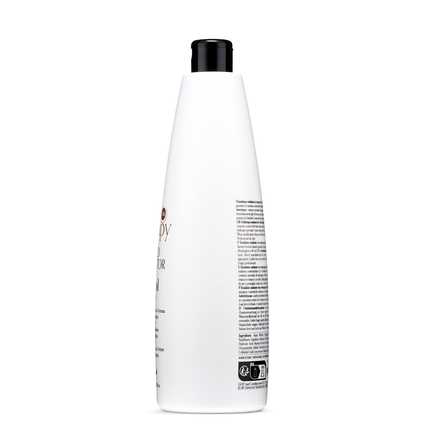White bottle of 24k hair color oxidizing emulsion with black cap, professional salon use, made in Italy