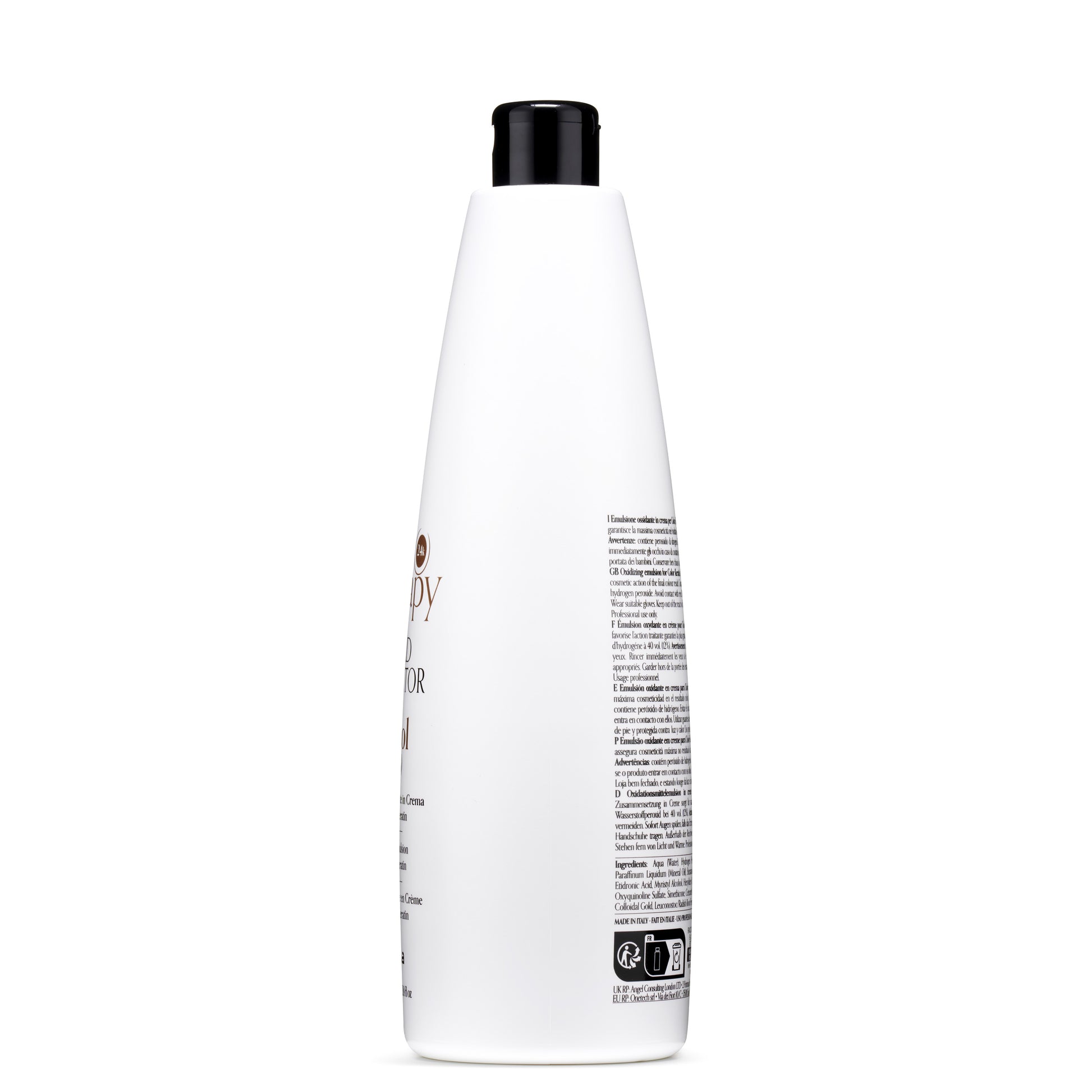 White bottle of 24k hair color oxidizing emulsion with black cap, professional salon use, made in Italy