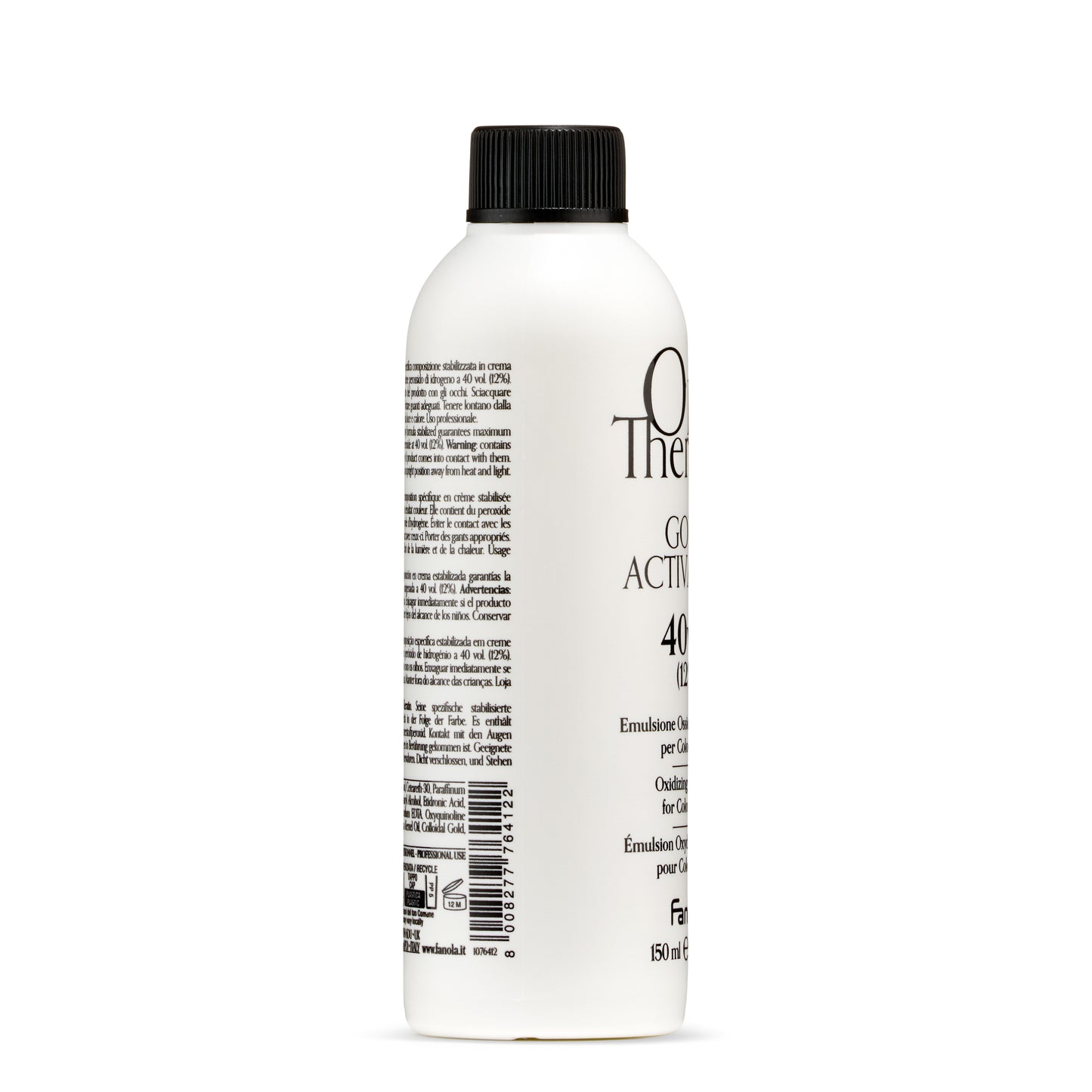 White bottle of 40 volume hair developer with black cap, professional hair coloring oxidizing emulsion