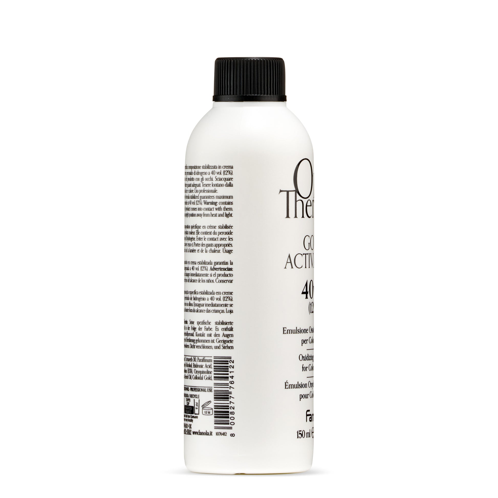 White bottle of 40 volume hair developer with black cap, professional hair coloring oxidizing emulsion