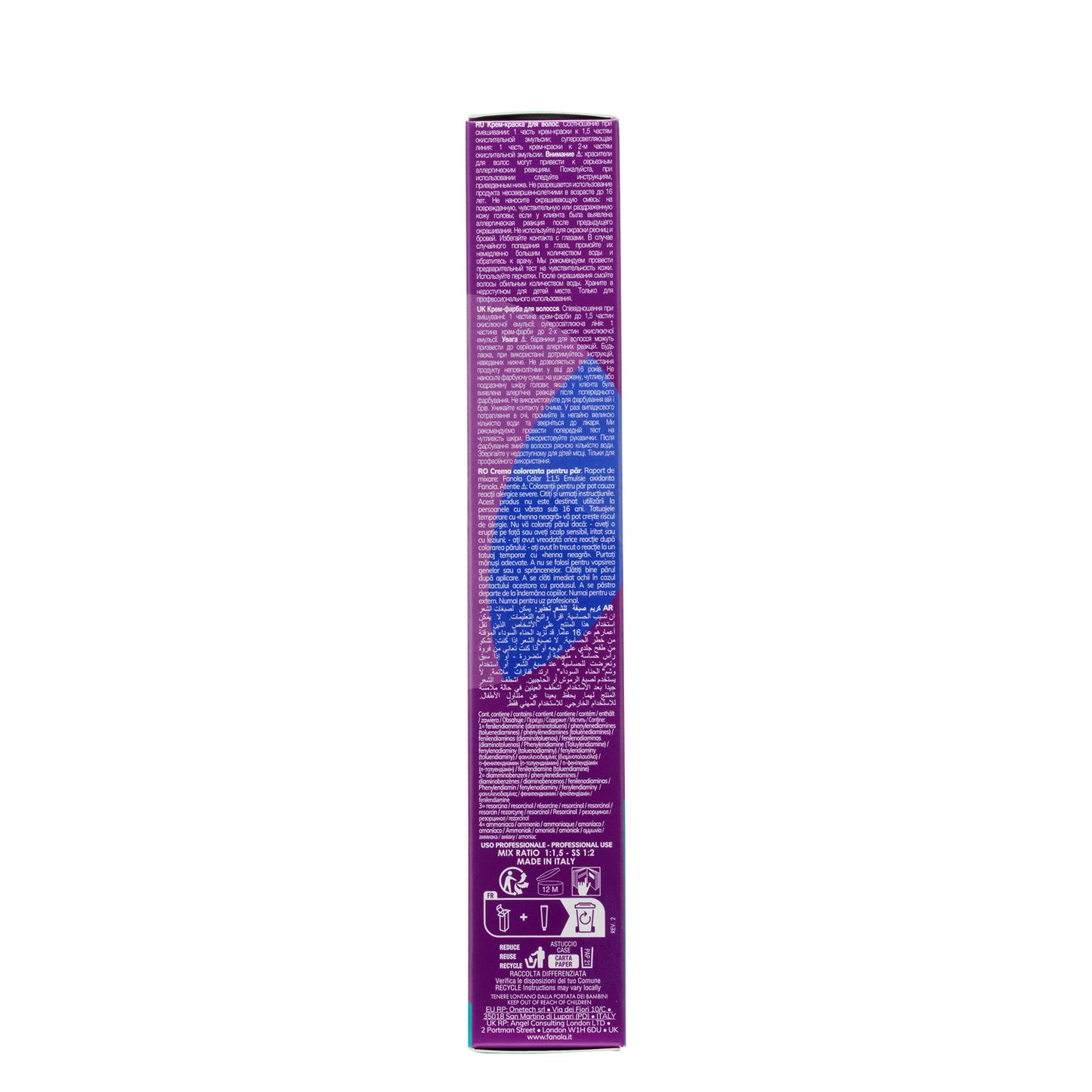 Professional hair color cream box with multilingual instructions, made in Italy, for salon use