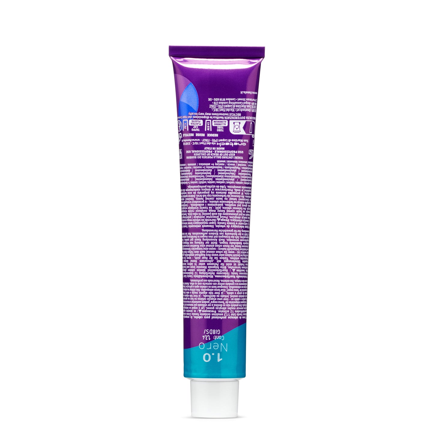Purple and teal tube of hair dye, shade 1.0 Nero, with multilingual instructions and recycling info on back.