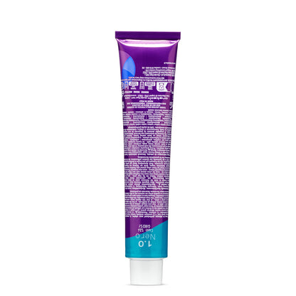 Purple and teal tube of hair dye, shade 1.0 Nero, with multilingual instructions and recycling info on back.