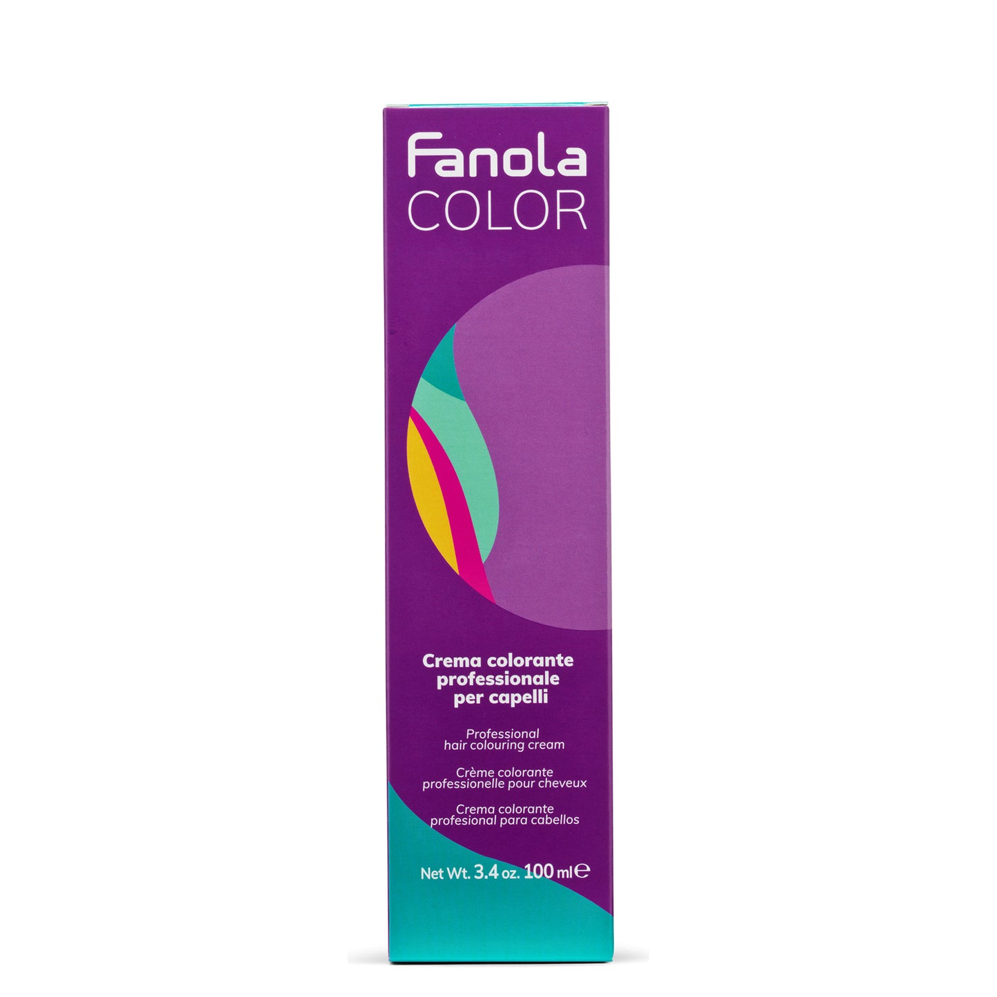 Fanola Color professional hair coloring cream in purple and teal packaging, 100ml