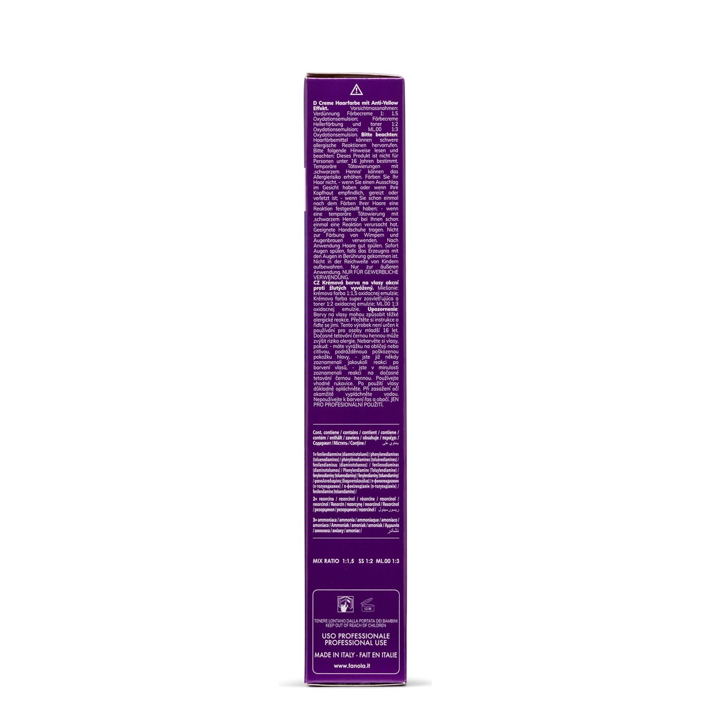 Purple box of professional anti-yellow hair dye with multilingual instructions, made in Italy for salon use