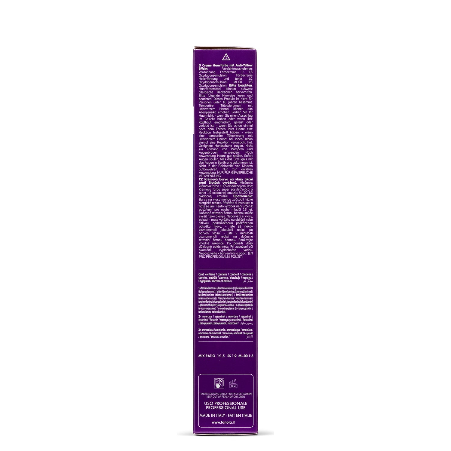 Purple box of professional anti-yellow hair dye with multilingual instructions, made in Italy for salon use