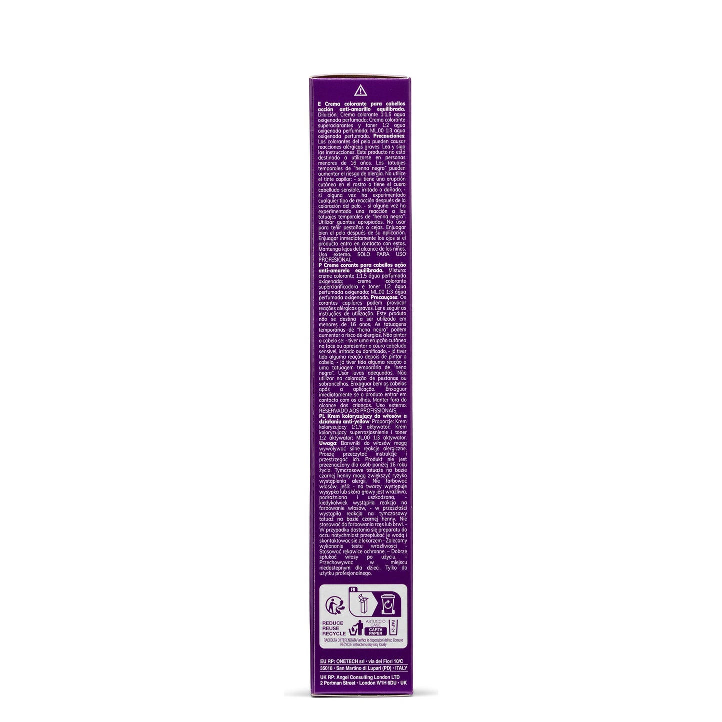 Purple box of anti-yellow hair color cream with multilingual instructions and recycling symbols