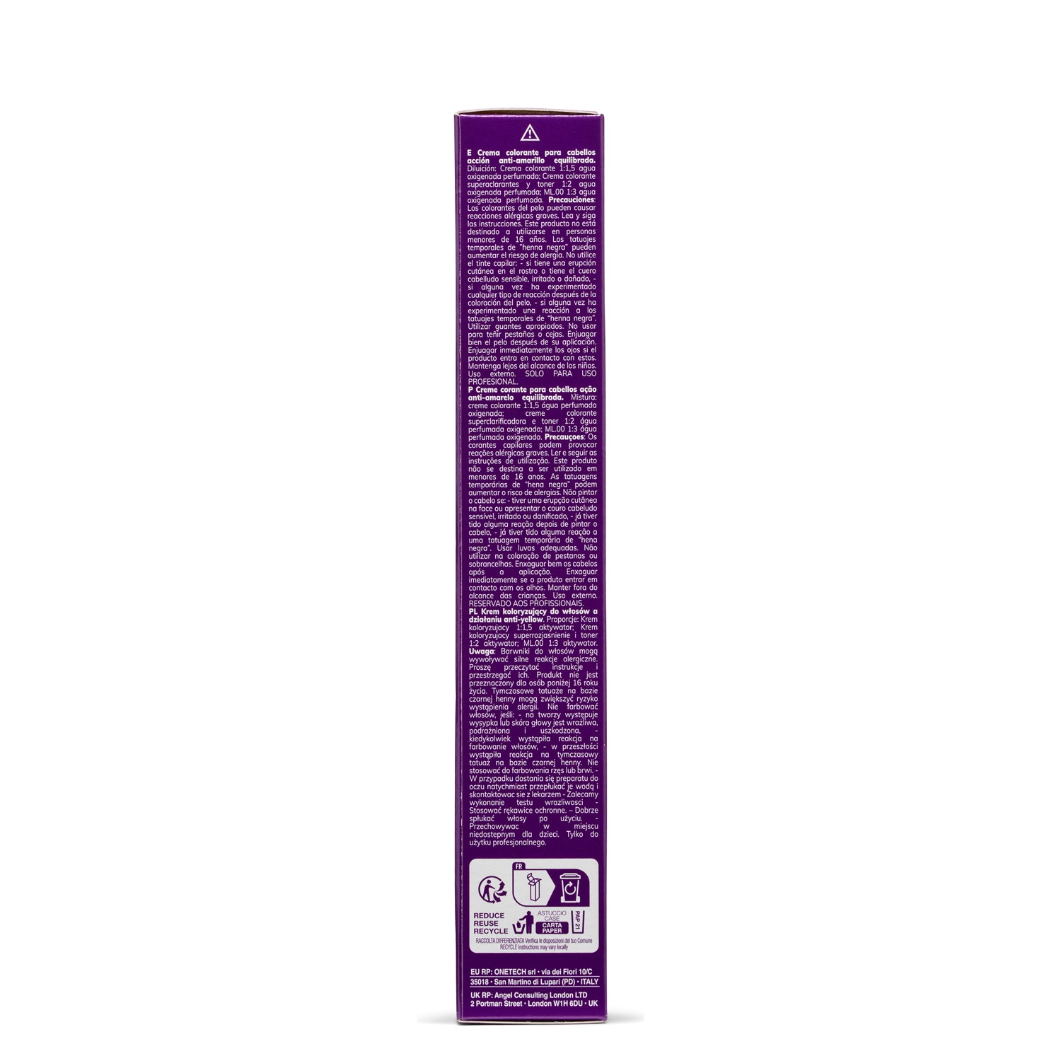 Purple box of anti-yellow hair color cream with multilingual instructions and recycling symbols