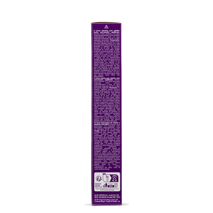 Purple box of anti-yellow hair color cream with multilingual instructions and recycling symbols
