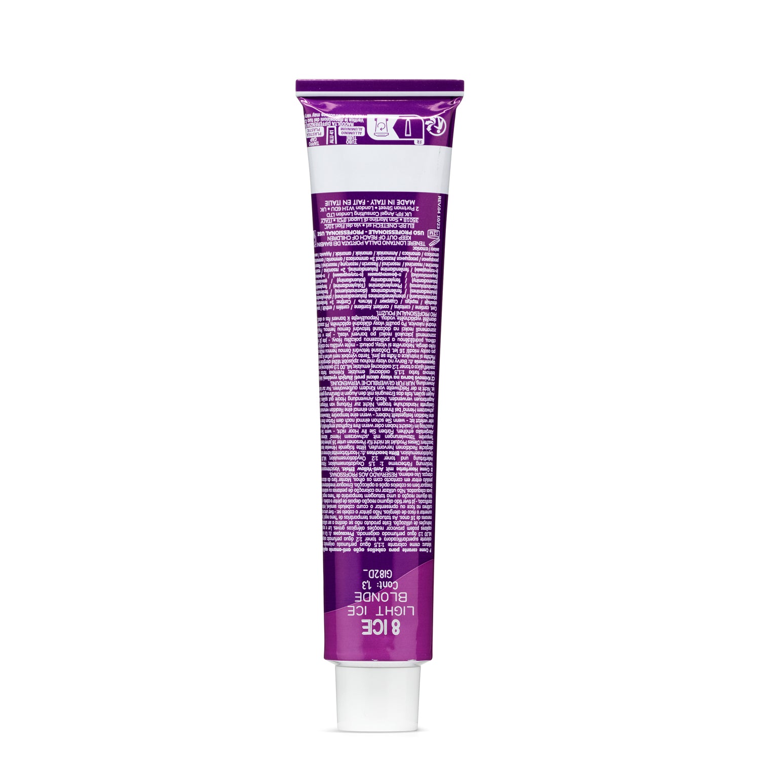 Purple tube of Light Ice 8 Ice hair dye, shade Blonde, made in Italy, professional use only
