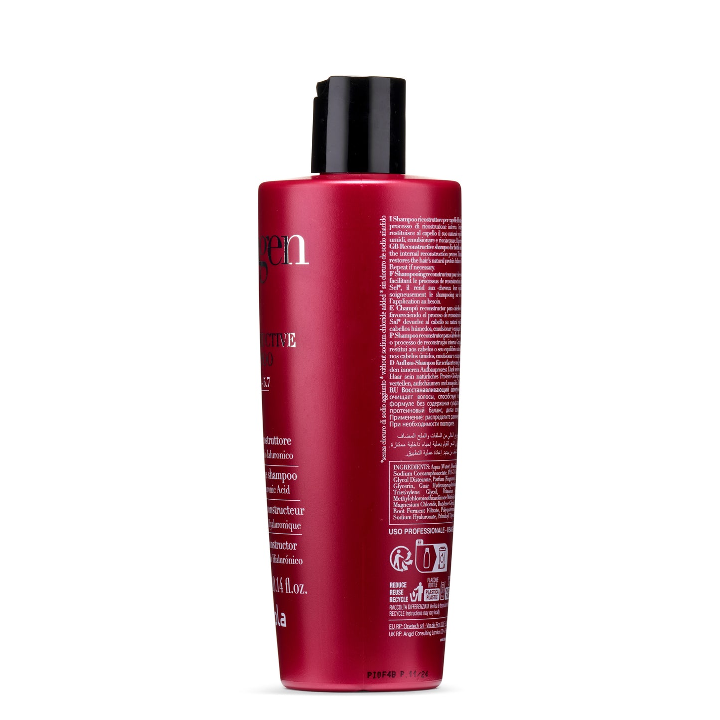 Red bottle of reconstructive shampoo with hyaluronic acid for damaged hair care