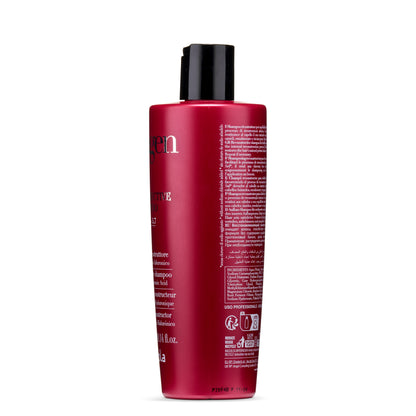 Red bottle of reconstructive shampoo with hyaluronic acid for damaged hair care
