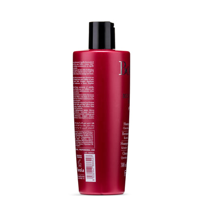 Red bottle of Fanola Keratin Shampoo, sulfate-free hair care for reconstruction, 300ml, made in Italy