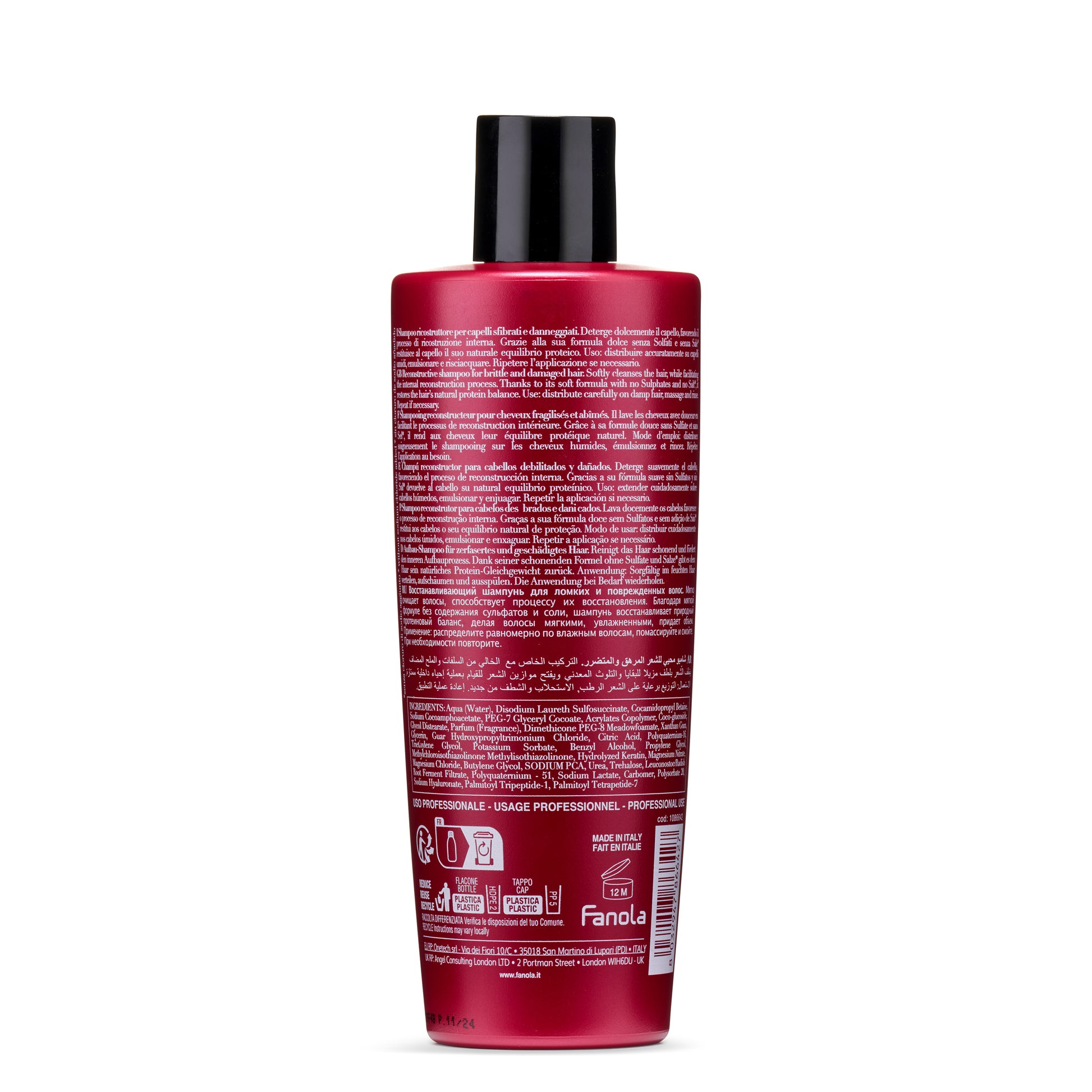 Red Fanola reconstructive shampoo bottle for damaged hair, sulfate-free formula, made in Italy