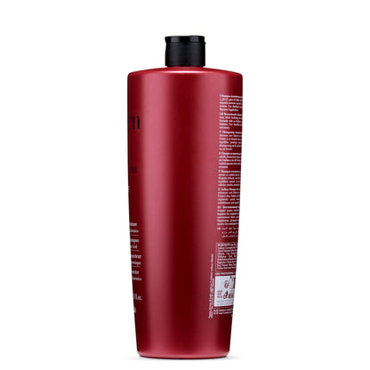 Red reconstructive shampoo bottle with black cap, sulfate-free formula for hair repair and hydration