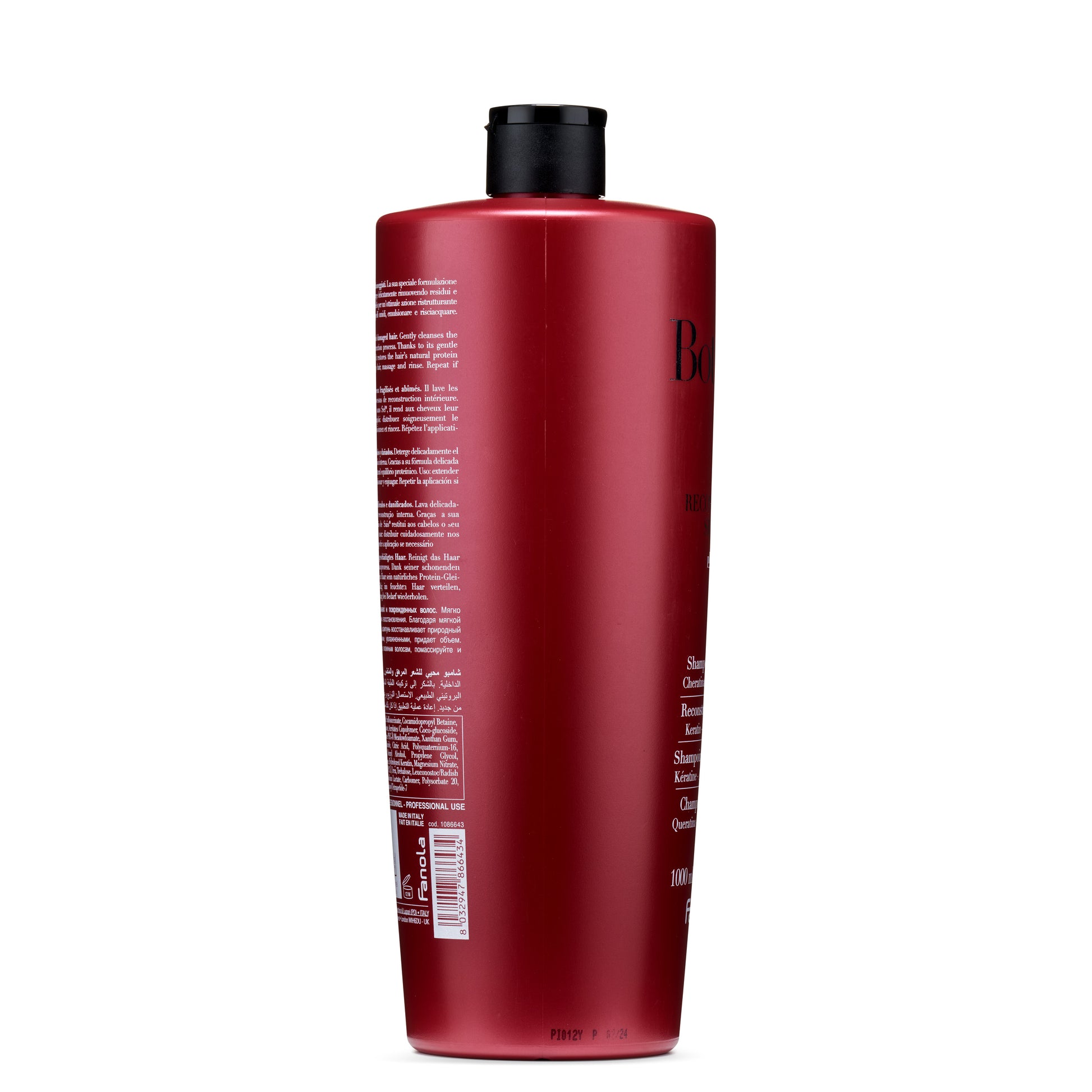 Red bottle of Fanola Keratin Shampoo for damaged hair, 1000ml, professional use, made in Italy