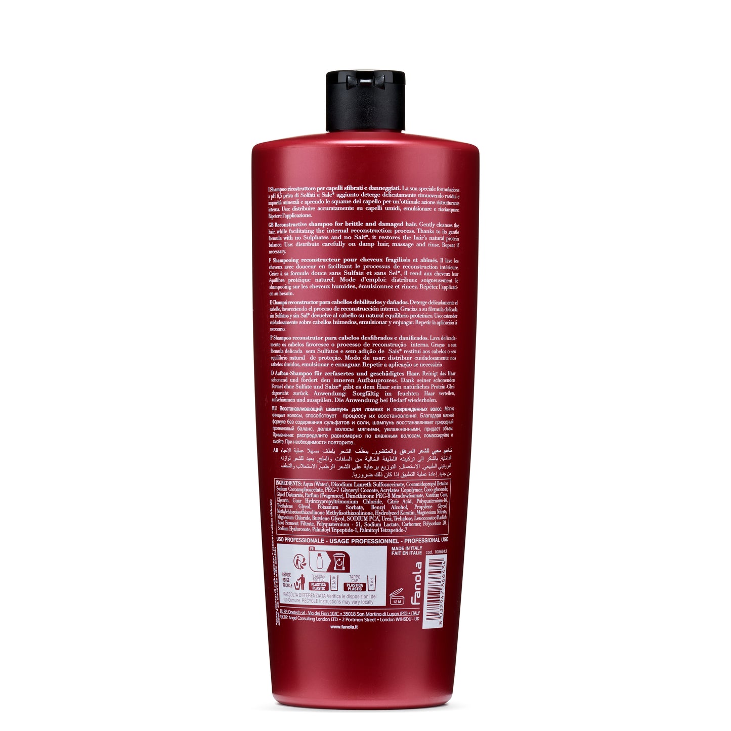 Red bottle of Fanola reconstructive shampoo for brittle, damaged hair, sulfate-free formula, made in Italy