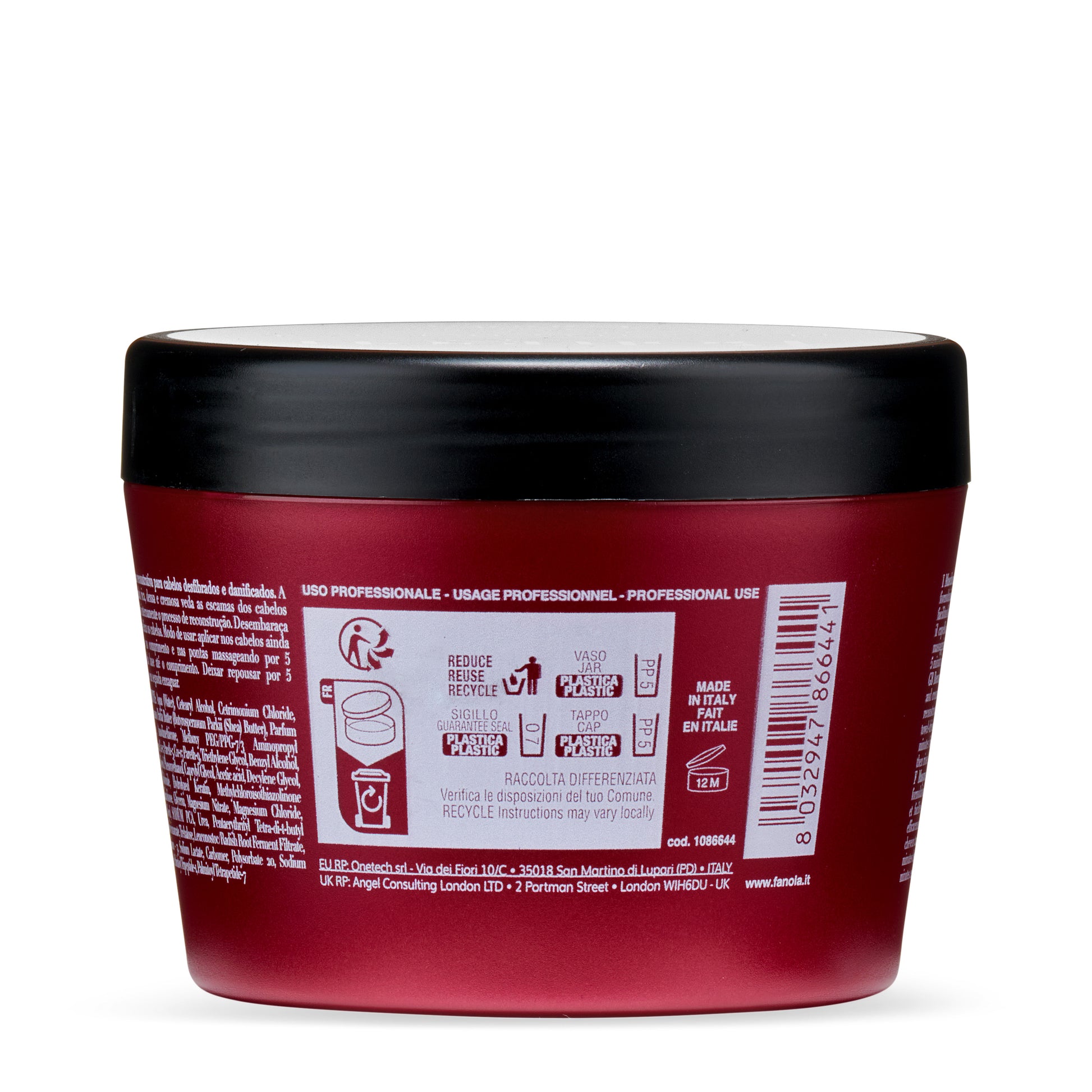 Red professional hair treatment jar with black lid, Made in Italy, recyclable plastic packaging