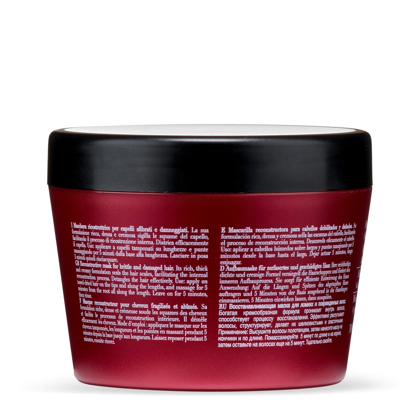 Reconstructive hair mask for brittle and damaged hair in red jar with multilingual instructions