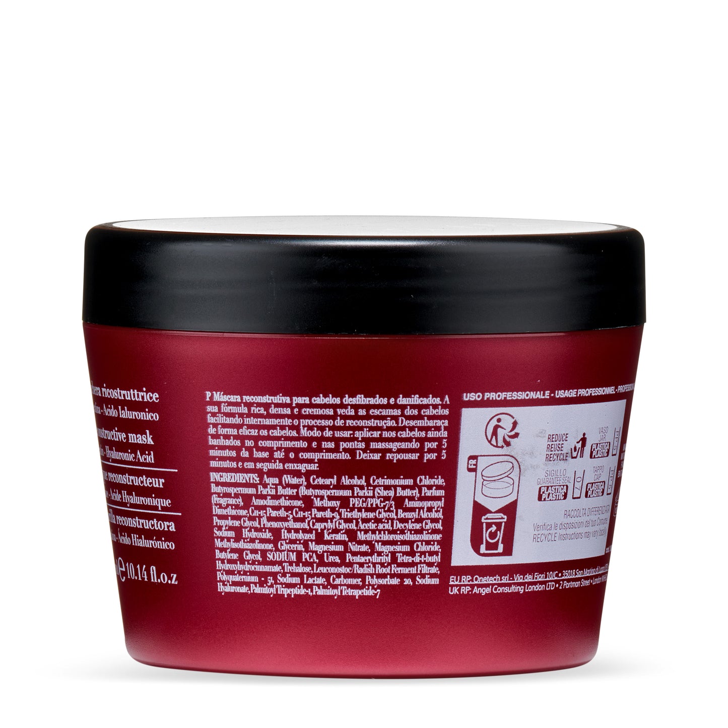 Red jar of reconstructive hair mask with hyaluronic acid, professional use, 10.14 fl.oz.