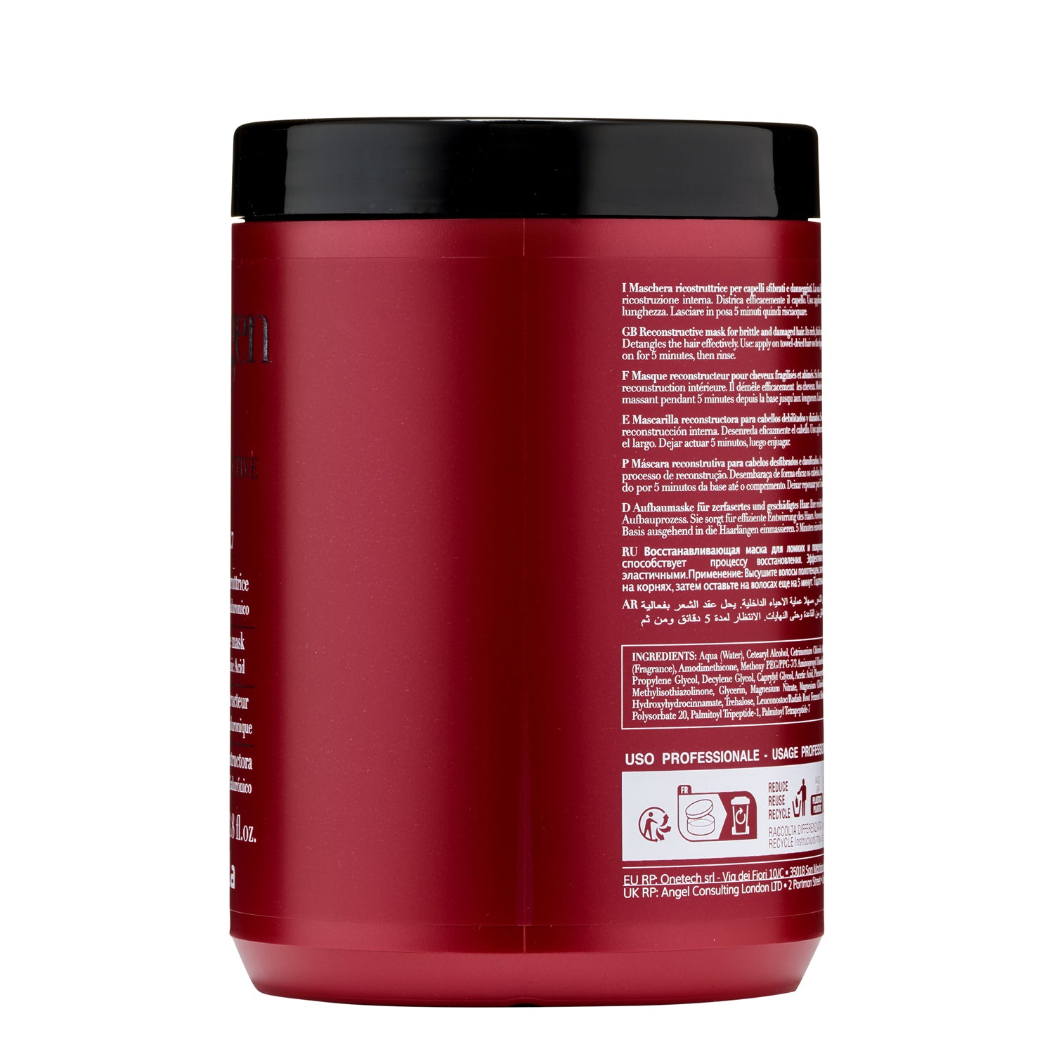 Red jar of reconstructive hair mask for damaged hair, professional use, with multilingual instructions and ingredients
