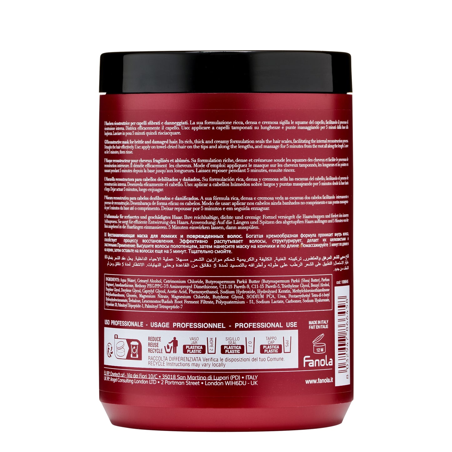 Fanola reconstructive hair mask for damaged hair, professional use, made in Italy, multilingual label