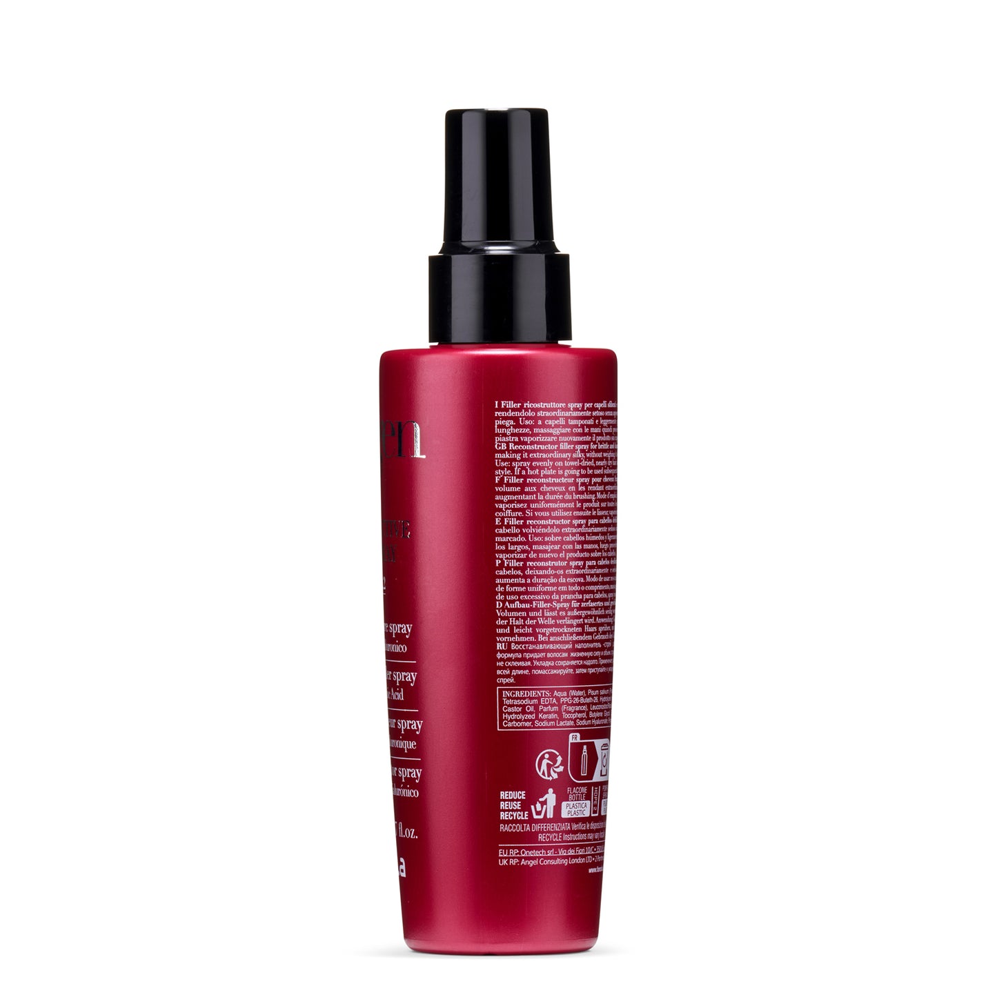Red hair filler reconstructing spray bottle with black nozzle, multi-language label for salon use