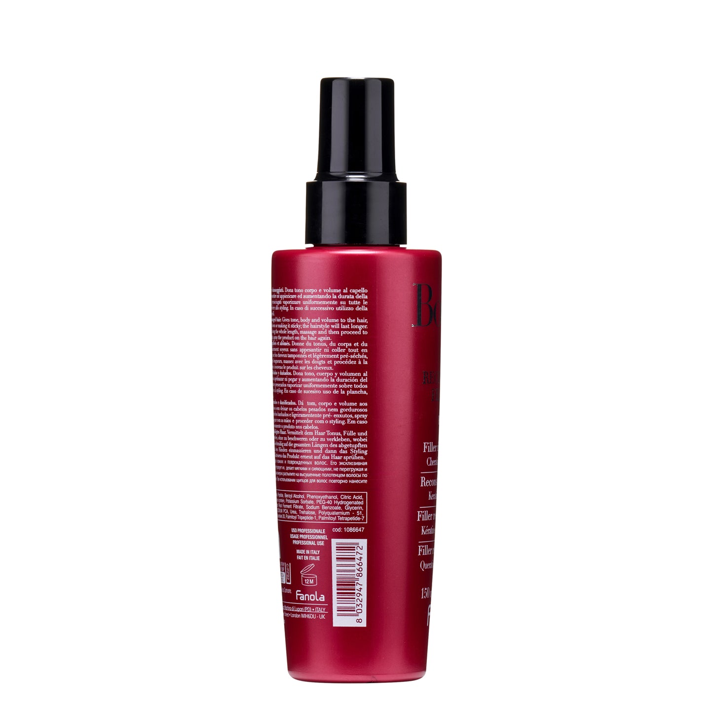 Red hair spray bottle with black nozzle, professional use, made in Italy, for volume and styling